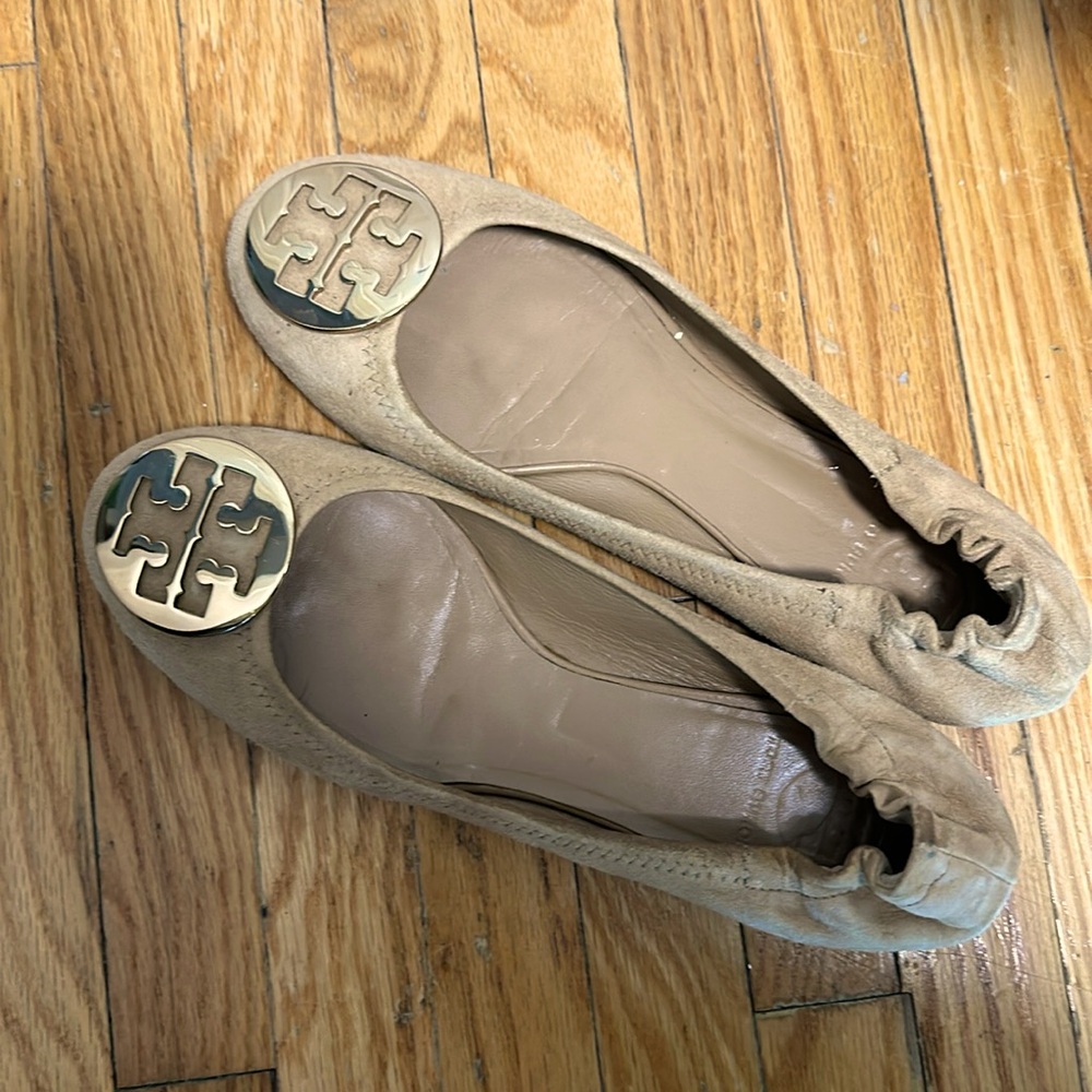 Tory Burch Tan Flats with Gold Logo